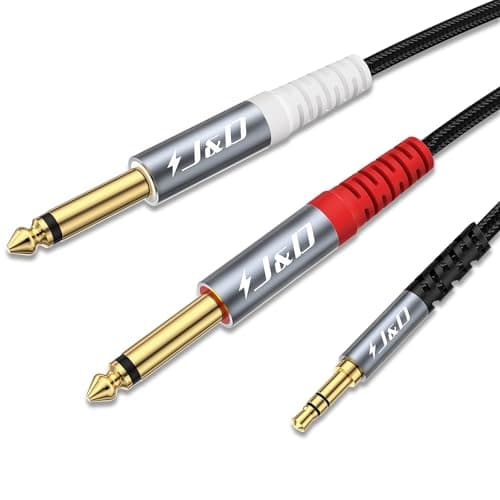 J&D 1/8 to 1/4 Stereo Cable, 3.5mm TRS to Dual 6.35mm TS Mono Y-Splitter Adapter Nylon Braid Jack Breakout Cord for Smartphone, CD Player, Speakers and Home Systems Amplifier, 3.3 Feet, Grey - Image 1