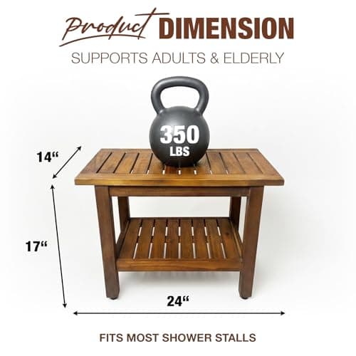 GREEN ALLUVIUM 24 inch Acacia Wood Shower Bench with Storage Shelf - Waterproof Sturdy Shower Stool - Shower Seats for Adults and Elderly - Bathroom Bench 350 lb Capacity - Thumbnail 5