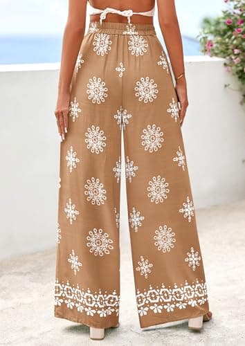 PRETTYGARDEN Women's Wide Leg Palazzo Pants 2026 Summer Boho Floral Trousers Spring Flowy Beach Vacation Clothes Resort Wear (Khaki,XX-Large) - Thumbnail 4