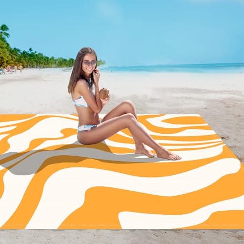 110''×118'' Extra Large Waterproof Sandproof Beach Blanket 8 Adults, Sand Free Outdoor Beach Mat with 4 Stakes & Pockets, Big Compact Picnic Blanket, Essential for Travel, Camping, Summer Vocation - Thumbnail 3
