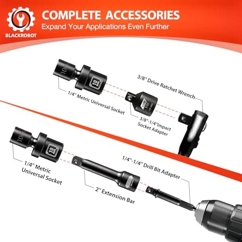 BLACKROBOT 1/4" Drive Universal Impact Socket Set, 16-Pieces Swivel Socket Set, Metric(5-15mm) Flexible Wobble Socket, 2", 6" Extension Bars, Socket Adapter, 6 Point, CR-MO - Thumbnail 4