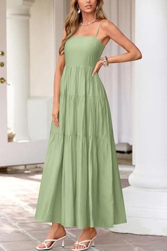 Okiwam Women's Summer Dress 2026 Casual Boho Sleeveless Spaghetti Strap Smocked Maxi Dress Ruffle Long Beach Sundresses-XXL Light Green - Thumbnail 6