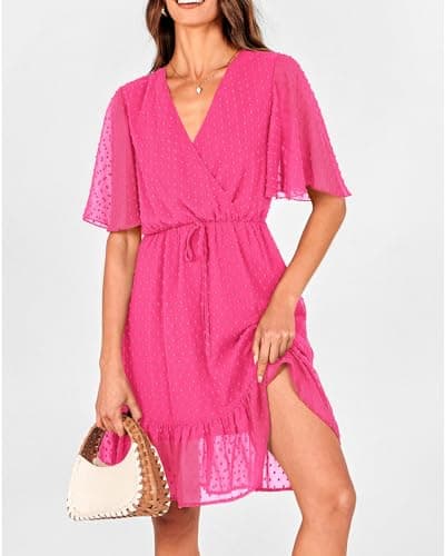 KIRUNDO Womens Summer Dresses 2026 Casual Spring Short Sleeve V Neck Ruffle Swiss Dot High Waist Belted Flowy Mini Dress(Style2-Rose Red, Medium) - Thumbnail 5