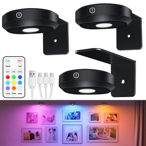 WILLED RGB Lights,Poster Lights,Battery Operated Rechargeable Picture Light,Puck Light with Remote,9 RGB Colors,Dimmable&Timer,Art Gallery Lighting,Display Lighting for Paintings Wireless - Image 1