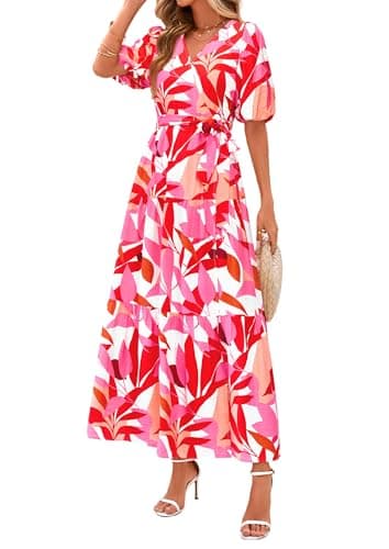 PRETTYGARDEN Women's Summer Maxi Dress 2026 Resort Wear Boho Floral V Neck Puff Short Sleeve Ruffle Flowy Beach Long Dresses(Floral White Rose Red,XX-Large) - Image 1