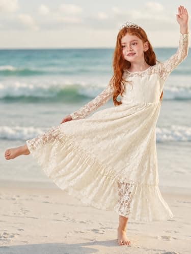 ALLOVIN Toddler & Girls Long Sleeve Lace Flower Girl Dress Maxi Boho A-Line Dress for Wedding Baptism 1st Communion | Ivory | 6-7Y - Thumbnail 6