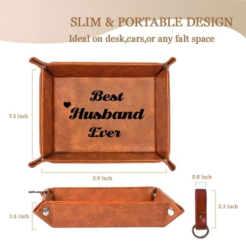 Best Husband Ever Gifts for Husband from Wife PU Leather Valet Tray & Keychain, Unique Gifts for Him Husband Who Has Everything at Birthday Valentines Day Christmas Anniversary - Thumbnail 3
