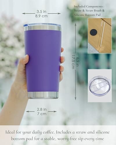UIRZOTN Travel Coffee Tumbler 20oz, 4 Pack Leakproof Travel Coffee Mug with Lid and Straw, Stainless Steel Double Wall Vacuum Insulated Tumbler for Hot/Iced Drinks (Purple, Textured Matte) - Thumbnail 2