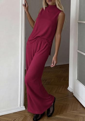 BTFBM 2 Piece Outfits For Women Airport Travel Summer 2026 Loose Mock Neck Sleeveless Wide Leg Pants Workout Lounge Sets(Burgundy, Small) - Thumbnail 6
