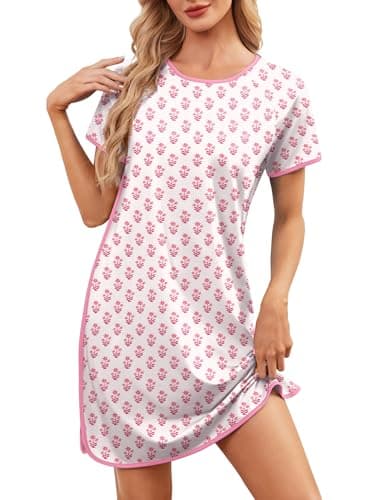 Namatime Nightgowns for Women Floral Print House Dress Crew Neck Short Sleeve Night Gown Sleep Shirts Dress Soft Sleepwear Summer Sleepshirt Nightdress Pink Flower Small - Image 1