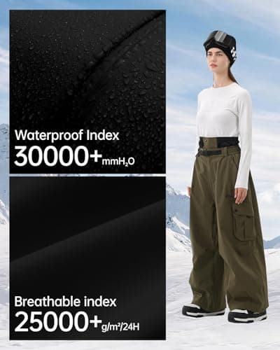 HIGH EXPERIENCE Snowboard Pants for Women Men Baggy Ski Pants Snow Loose Warm Insulated Winterproof Waterproof (Army Green, Large) - Thumbnail 4