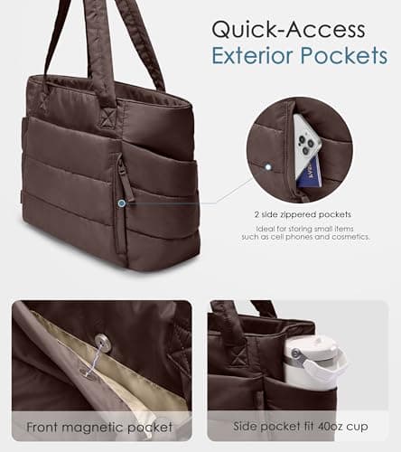 Tote Bag for Women with Zipper, Quilted Puffer Tote Bag with Compartments, Lightweight Puffy Work Bags for Women Travel (Dark Brown) - Thumbnail 3