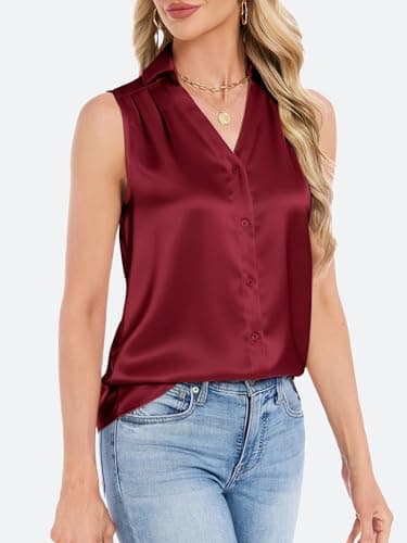 Funlingo Womens Satin Blouse Silky Dressy Satin Camisole Tops Sleeveless Button Down Basic Shirts V Neck Professional Dressy Casual Clothes Wine Red S - Thumbnail 4
