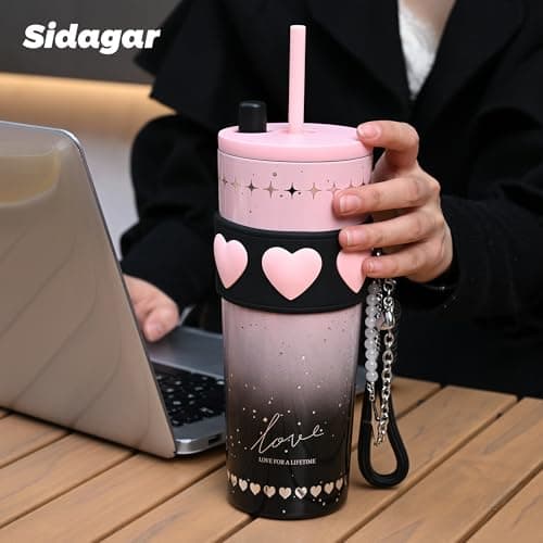 Sidagar 24 oz Stainless Steel Tumbler with Lid and Straw, Insulated Coffee Mug, Leak Proof, Portable Iced Travel Water Bottle, Reusable Thermal Coffee Cup Gift for Women, Pink - Thumbnail 4