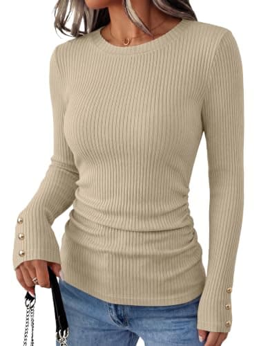 ANRABESS Womens Long Sleeve Shirts Slim Fitted Tops Beige Medium - Image 1
