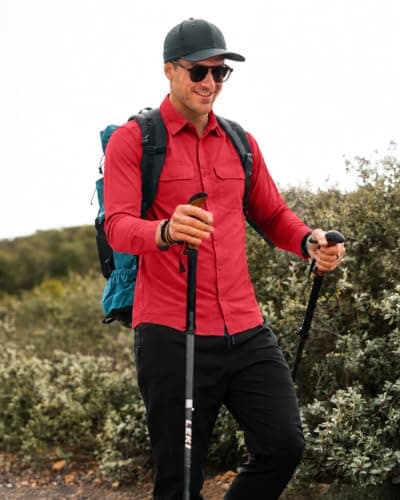 Men's Sun Protection Fishing Shirt UPF 50+ Long Sleeve Safari Hiking Travel Shirts with Pockets Quick Dry(Red Small) - Thumbnail 3