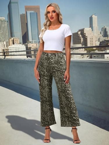 Genleck Women's Wide Leg Jeans – Trendy Cropped Loose Jeans High Waisted Stretchy Capri Denim Pants Baggy Trousers 2025 (Leopard Print, 8) - Thumbnail 3