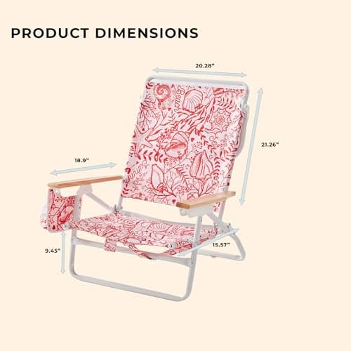 DEER LAND 5-Position Low Beach Chair, Portable Lightweight Folding Beach Chair with Wooden Armrests, Storage Pouch & Carry Strap, Coastal Beach Print – Reef Crimson - Thumbnail 3