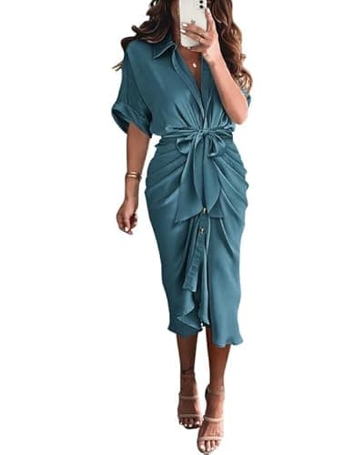 BTFBM Shirt Dresses for Women Spring Button Short Sleeve Silk Satin Ruched Maxi Summer Dress 2026 Cocktail Party Wedding(Blue Green, Small) - Thumbnail 2