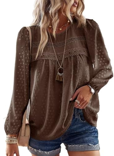 Falechay Plus Size Tops for Women Keyhole Button Fall with Elastic Loop Dressy Casual Crewneck Teacher Flowy Blouses Spring Boho Shirts Brown 5XL - Image 1