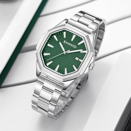 KNISKRED Business Watch for Men with Luminous Scale and Solid Stainless Steel Band Mens Calendar Watch (Silver Green) - Thumbnail 2