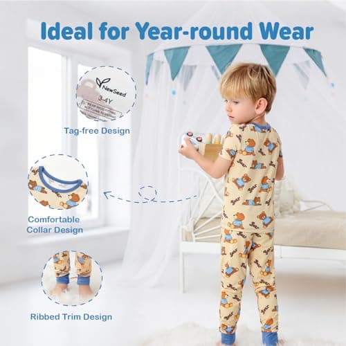 NewSeed Kids 2-Piece So Soft 2-Piece Playtime Set – Short Sleeve Crew Neck Top with Matching Leggings, Little to Big Kids (Bear, 3-4Y) - Thumbnail 5