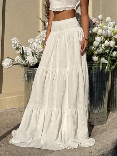 ZAFUL Women’s Summer Boho Maxi Skirts Bohemian Print Smocked High Wasited Flowy Tiered Ruffle Long Beach Skirt 1-White XS - Thumbnail 3