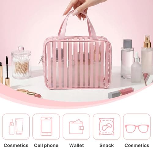 Edelefas Clear Pink Striped PVC Makeup Bag, Large 10.2 x 7.9 x 3.1 Inch Waterproof Travel Toiletry Bag with Handle, TSA Approved Clear Cosmetic Organizer for Travel Gym Bathroom - Thumbnail 5