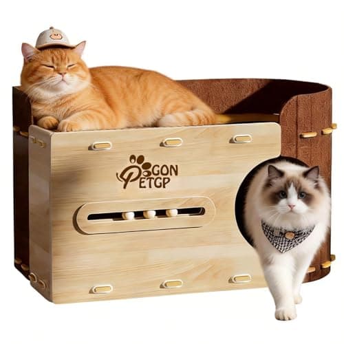 GONPETGP Large Cat Beds for Indoor Cats, Extra Wide Cat House Cave with Scratch Pad Wooden Play Ball, Foldable Felt Kittens Hideaway Condo for Multiple Small Pets - Image 1