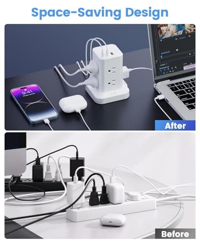 Power Strip Tower with Surge Protector 1800J, Fast Charging Tower PD20W USB-C Ports with 8 AC Outlets, 6ft Extension Cord for Home Office Dorm Room, White - Thumbnail 6
