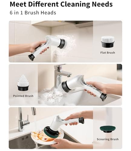 Electric Spin Scrubber, Cordless Household Cleaning Brush with 6 Replaceable Heads, 3 Speeds, LED Display, Lightweight Handheld Power Scrubber for Cleaning Stove/Bowl/Sink/Corner/Tile/Grout-White - Thumbnail 6