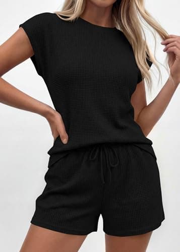 KIRUNDO Short Sets For Women 2026 Summer Cap Sleeve Two Piece Set Waffle Knit Matching Lounge Drawstring Vacation Outfits(Black, Medium) - Thumbnail 2