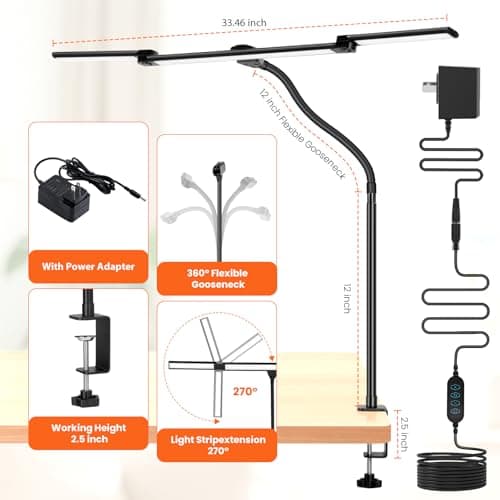 LED Desk Lamp for Office Home, 3 Light Bar Adjustable Desk Light with Clamp, Architect Table Lamp Computer Monitor Lighting, Stepless Dimming Eye-Caring Clip on Light for Workbench Reading Study Black - Thumbnail 5