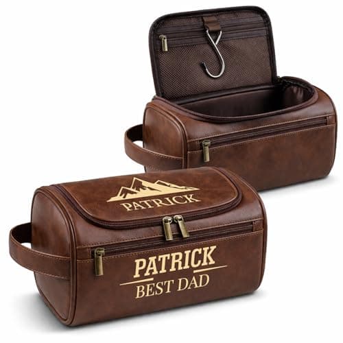 Personalized Leather Toiletry Bag for Men, Engraved Name Initials Cosmetic Bag, Customized Monogram Travel Shaving Dopp Kit for Dad, Gift for Christmas, Birthday, Husband, Groomsmen (Dark Brown) - Image 1