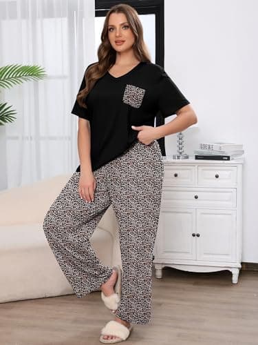 AusLook Plus Women Pajamas Set 2 Piece Lounge Sets Short Sleeve Top and Full Length Pant Chest Pocket Matching Maternity Christmas Print Fancy Peachy Leopard 4X Pjs Loungewear Sleepwear - Thumbnail 2