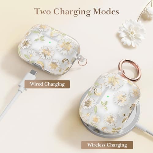Delidigi Hot Foil Floral Design Case Compatible with AirPods Pro 3 Case with Keychain, Translucent TPU Protective Cover for Apple AirPods Pro 3nd Generation 2025, Two-Piece Snap-Fit - Thumbnail 5