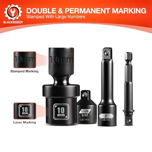 BLACKROBOT 1/4" Drive Universal Impact Socket Set, 16-Pieces Swivel Socket Set, Metric(5-15mm) Flexible Wobble Socket, 2", 6" Extension Bars, Socket Adapter, 6 Point, CR-MO - Thumbnail 6