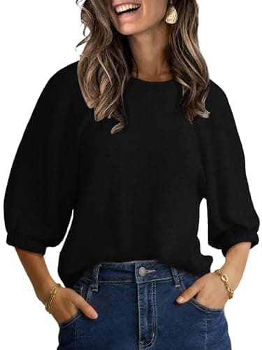 UNCLECAT Women's Puff Short Sleeve Sweater Summer Lightweight Knit Tops Crew Neck Casual Cropped Sweaters Black - Image 1