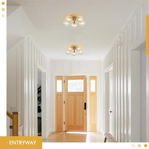 brfaixla Gold Ceiling Bubble Light Fixture Modern 5 Lights Swirled Clear Ribbed Blown Glass Ball Chandelier Semi Flush Mount Lighting Dia 12.6" for Hallway Entryway Kitchen Dining Room - Thumbnail 4