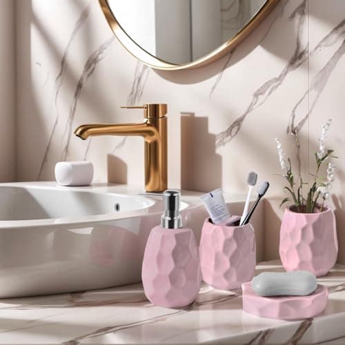Ceramic Bathroom Accessories Set 4 PCS,Bathroom Toothbrush Holder Set,Soap and Toothbrush Holder Set,Include Toothbrush Holder,Soap Dispenser,Tumbler,Soap Dish,Bathroom Sets Decor Organizer (Pink) - Thumbnail 2