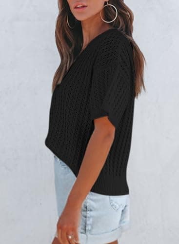 Dokotoo Women's 2025 Stylish Summer Short Sleeve Shirts for Women Oversized V Neck Solid Hollow Out Tunic Tops and Blouses Basic Loose Fit Pullover Sweaters Casual Holiday T-Shirts Tops Black Large - Thumbnail 5