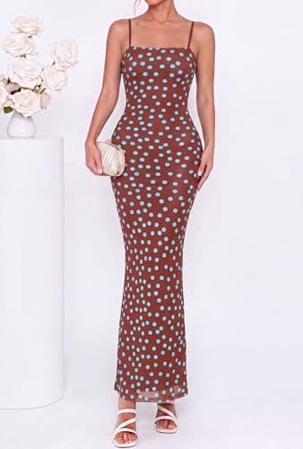 BTFBM Womens Summer Maxi Dress 2026 Floral Mesh Spaghetti Straps Sleeveless Sexy Bodycon Wedding Cocktail Party Dresses(Dot Coffee Blue, X-Large) - Thumbnail 2