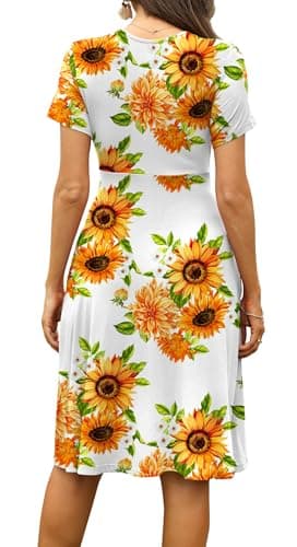 WEACZZY Summer Dress for Women Casual Short Sleeve Sundress Wrap V-Neck Party Dress with Pockets,Floral Sunflower White,3XL - Thumbnail 4
