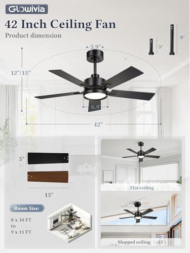 Glowivia 42 Inch Ceiling Fan with Lights and Remote, Smart APP Control, Dimmable with All-Setting Memory, Quiet DC Motor Reversible Blades, Damp Rated Modern Ceiling Fan for Bedroom Patio Living Room - Thumbnail 6