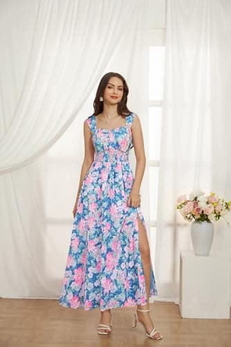 GRACE KARIN Summer Floral Dress for Women 2026,Off the Shoulder Smocked Bridesmaid Dresses,Formal Baby Shower Maxi Dresses Blue Pink M - Thumbnail 2