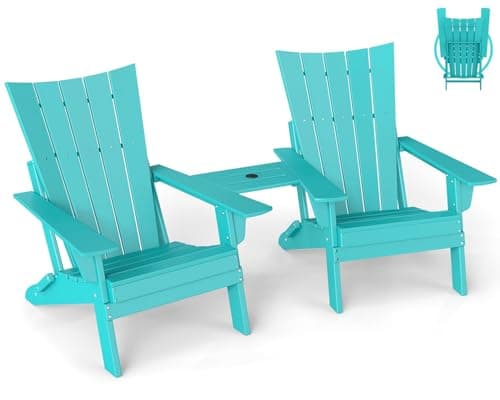 GREENVINES Folding-Adirondack-Chairs-Set-of-2 | HDPE Plastic | Arch Series | Fire Pit Chair | with Connecting Tray | Removable Table | All Weather | for Outdoor Patio Deck Poolside | Aqua