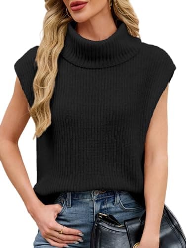 SunnyMelody Womens High Neck Cap Sleeve Pullover Sweater Fall 2026 Turtleneck Cashmere Loose Fit Knit Sweaters Top Black M - Image 1