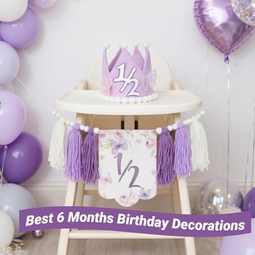Purple Handmade Half Birthday Decorations, 6 Month Party Set with High Chair Banner, Hat & Cake Topper, Half Way to One Baby Girl Decorations Party for 1/2 Birthday Girl Photoshoot Props - Thumbnail 4