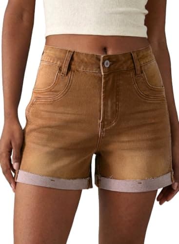 Sidefeel Womens Denim Shorts High Waisted Stretchy Trendy Patchwork Loose Fit Folded Hem Summer Causal Jean Shorts Brown Size 10 - Image 1