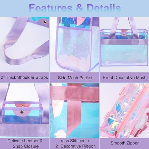 Gryvol 2-Piece 26L Iridescent Beach Bag for Women, Purple Tote Bag with Snap Closure & Pink Clear Bag with Zipper, Waterproof Large Beach Totes for Family Summer Travel Essentials - Thumbnail 5